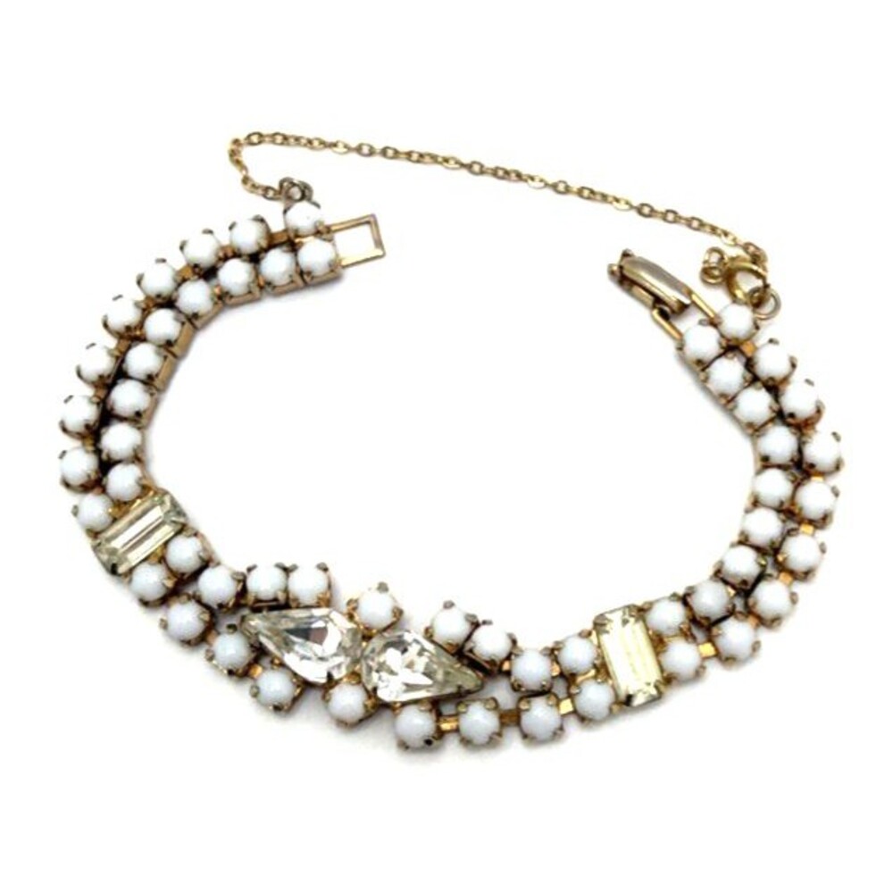 Vintage Milk Glass Clear Rhinestone Tennis Bracelet 1950s 7.25"
